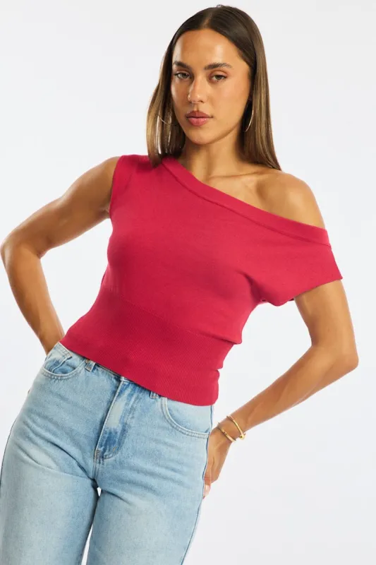 Red One Shoulder Knit Top sold by Ally Fashion