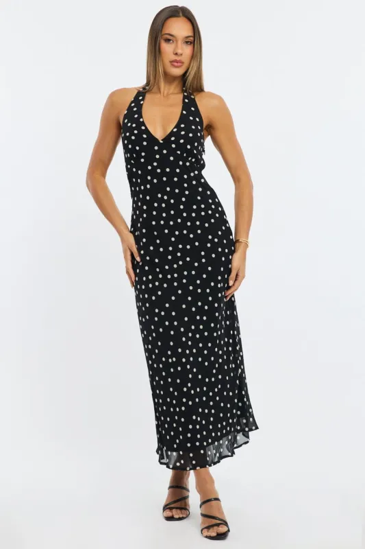 Black Polka Dot Midi Dress Halter Neck sold by Ally Fashion