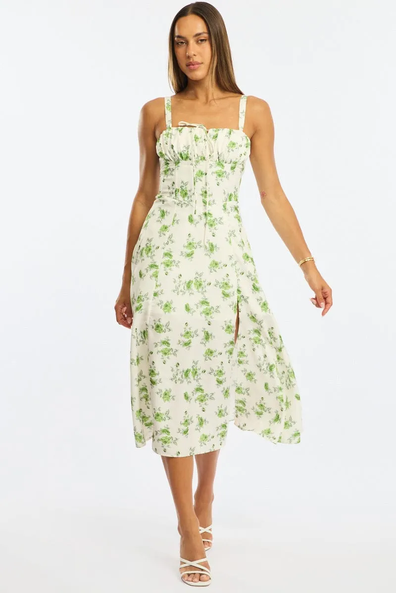 Green Floral Midi Dress Gathered Bust sold by Ally Fashion