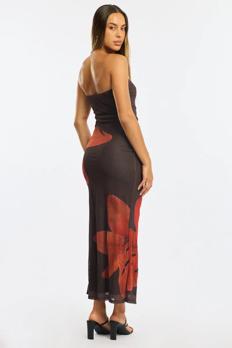 Brown Floral Strapless Maxi Dress sold by Ally Fashion product image thumbnail 4