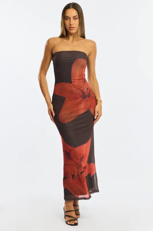 Brown Floral Strapless Maxi Dress sold by Ally Fashion