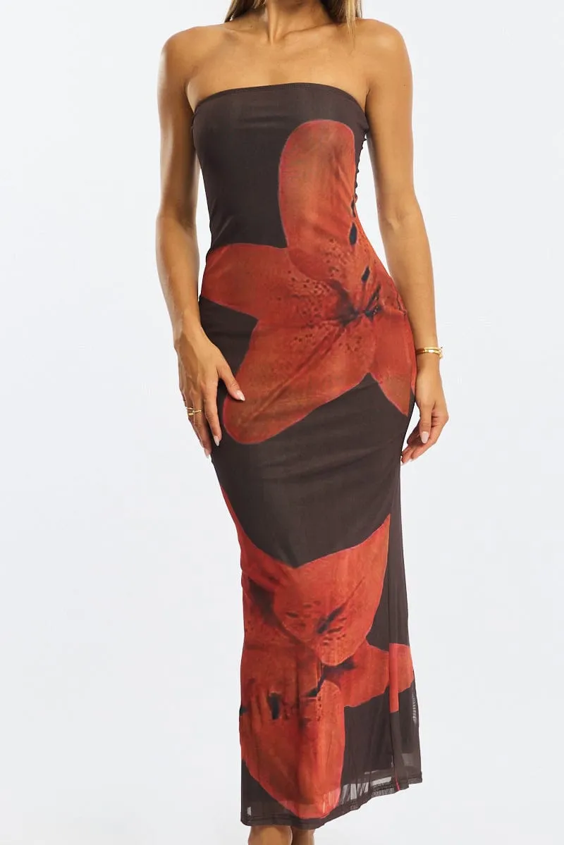 Brown Floral Strapless Maxi Dress sold by Ally Fashion product image thumbnail 5