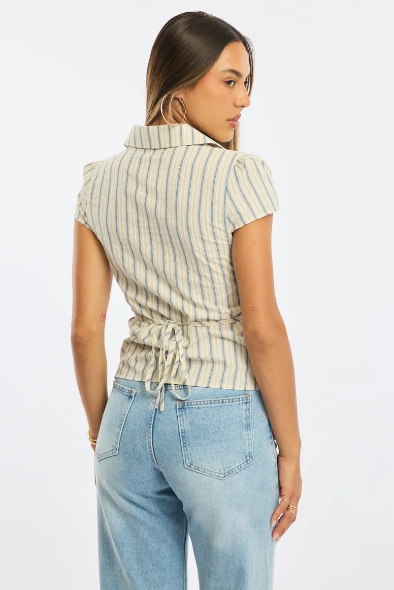 Yellow Stripe Button Up Shirt Short Sleeve Collared Tie Back sold by Ally Fashion product image thumbnail 4