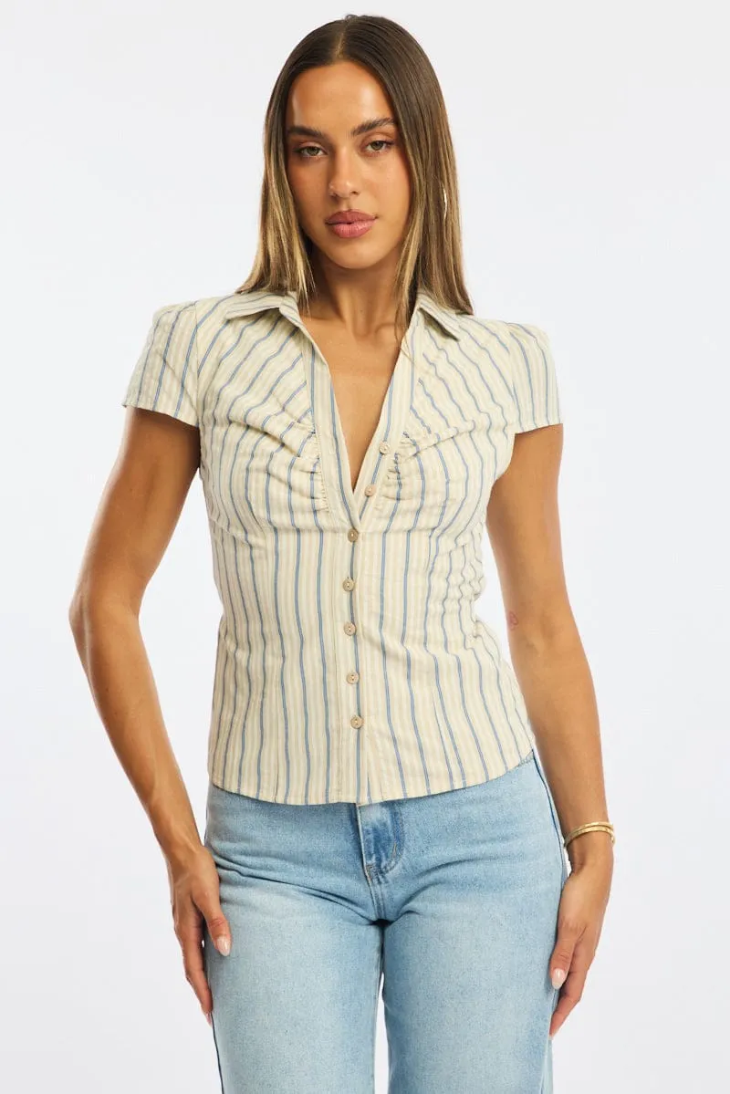 Yellow Stripe Button Up Shirt Short Sleeve Collared Tie Back sold by Ally Fashion