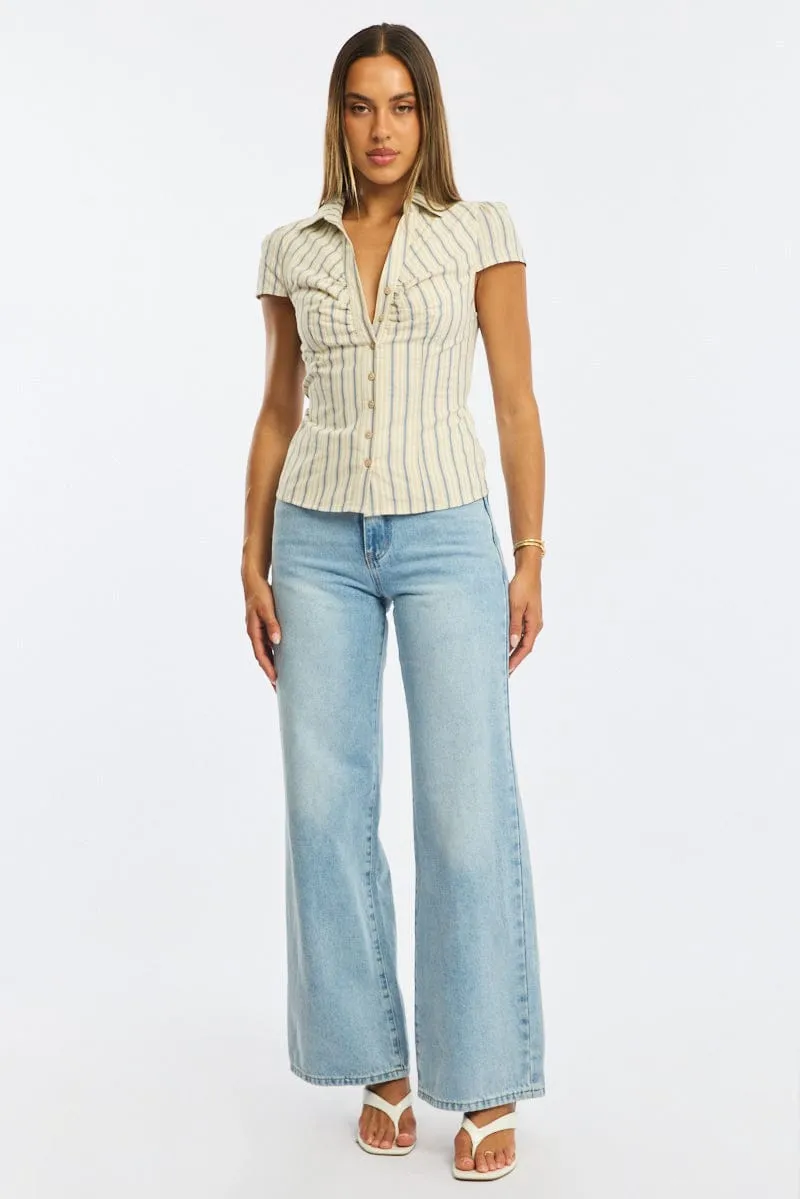 Yellow Stripe Button Up Shirt Short Sleeve Collared Tie Back sold by Ally Fashion product image thumbnail 2