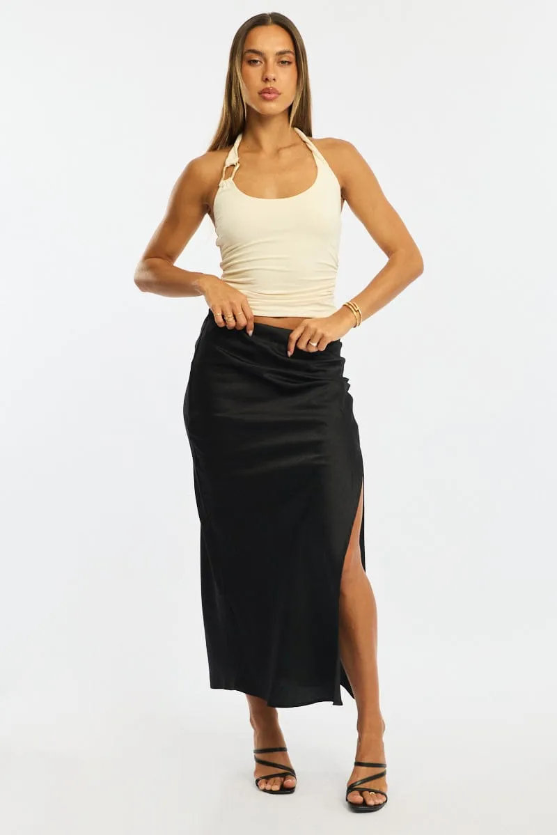 Black Slip Skirt High Waist Front Split Midaxi Satin sold by Ally Fashion