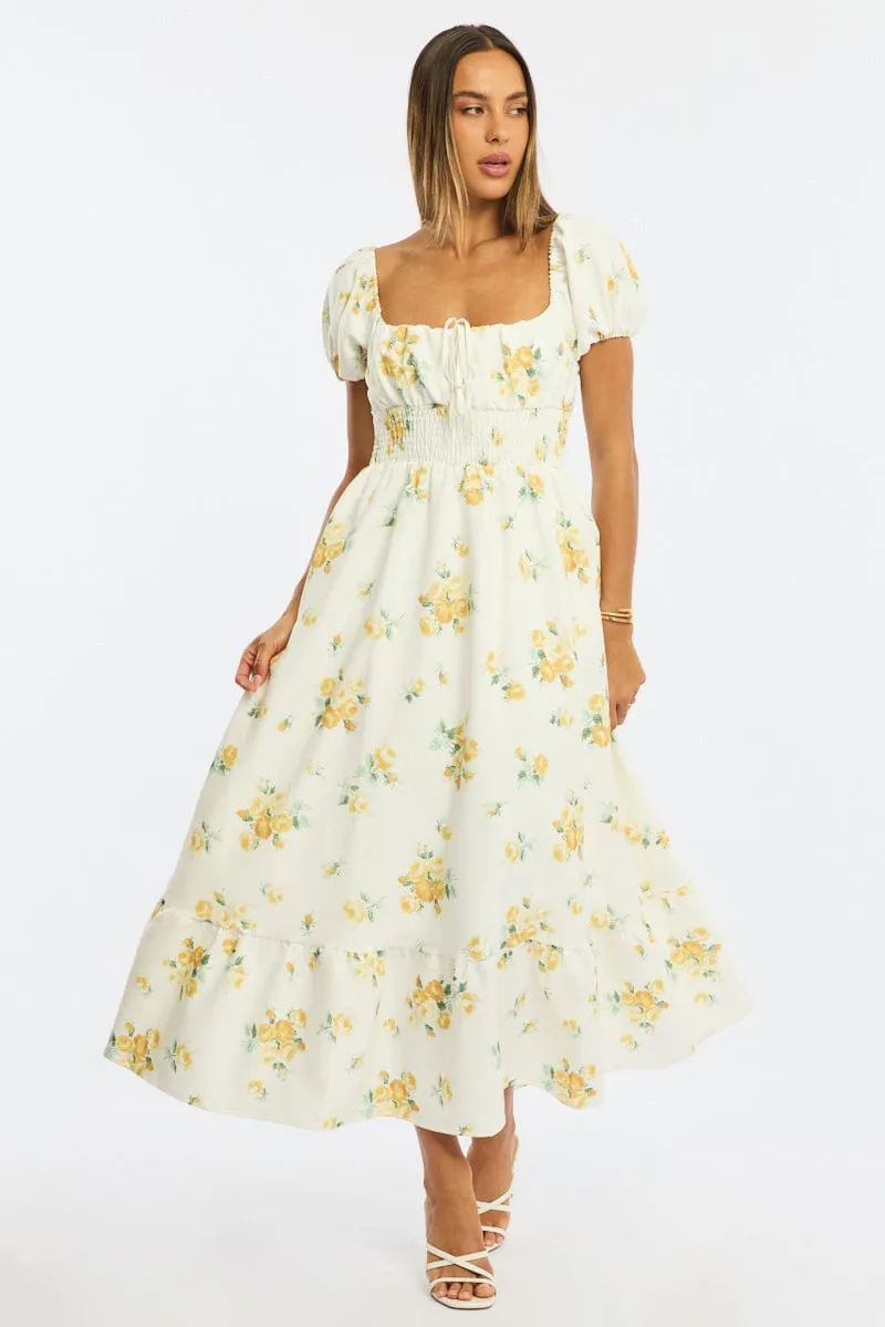 Yellow Floral Maxi Dress Puff Sleeve sold by Ally Fashion