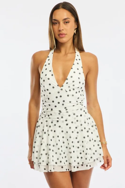 White Polka Dot Playsuit V-neck Mesh sold by Ally Fashion