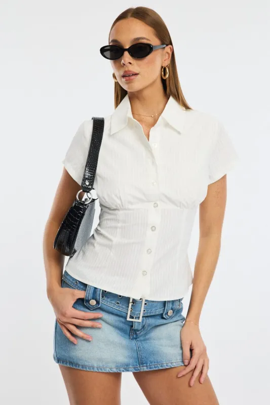 White Stripe Short Sleeve Shirt Collared Button Up Textured sold by Ally Fashion