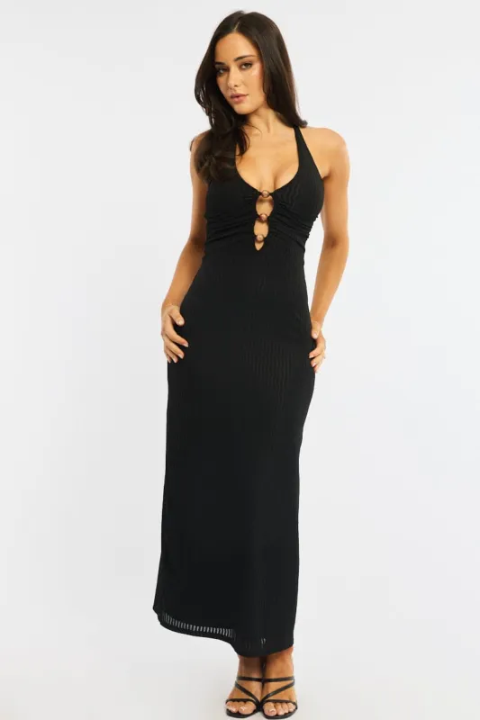 Black Maxi Dress Beading Trim Textured Fabric sold by Ally Fashion