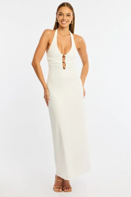 White Maxi Dress Beading Trim Textured Fabric sold by Ally Fashion