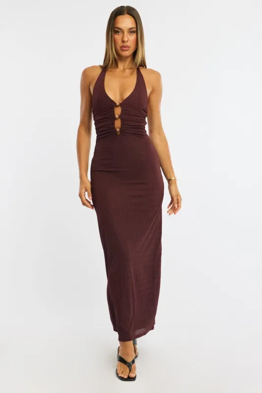 Brown Maxi Dress Beading Trim Textured Fabric sold by Ally Fashion