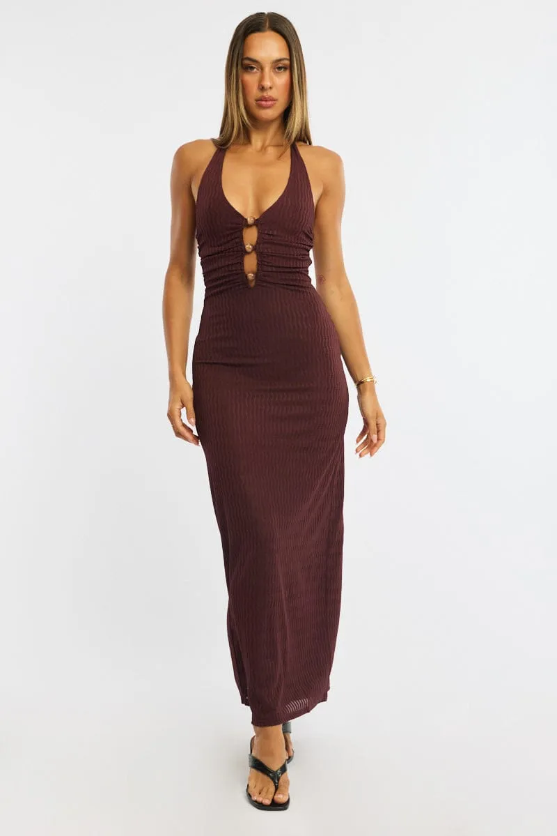 Brown Maxi Dress Beading Trim Textured Fabric sold by Ally Fashion