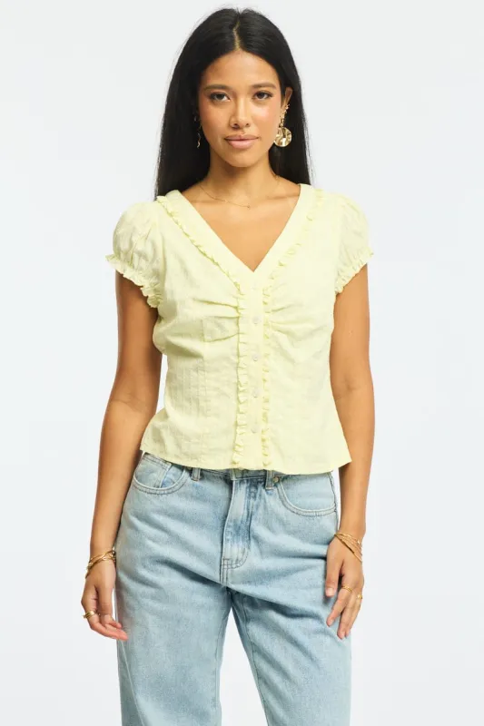 Yellow Cap Sleeve Top V-neck Button Up Textured Cotton sold by Ally Fashion