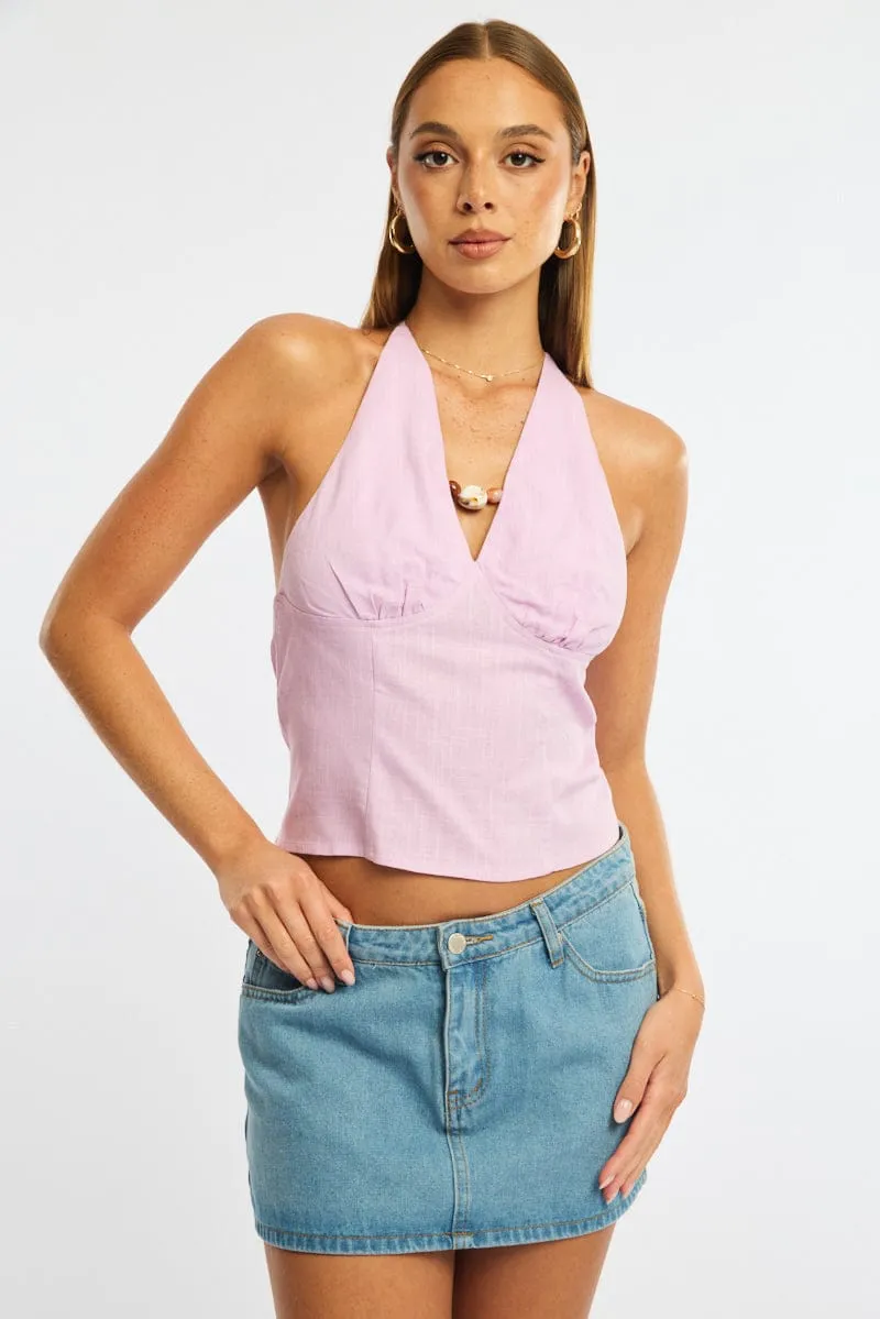 Pink Beaded Halter Top Sleeveless Linen Blend sold by Ally Fashion