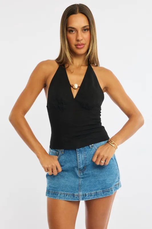 Black Beaded Halter Top Sleeveless Linen Blend made by Ally Fashion