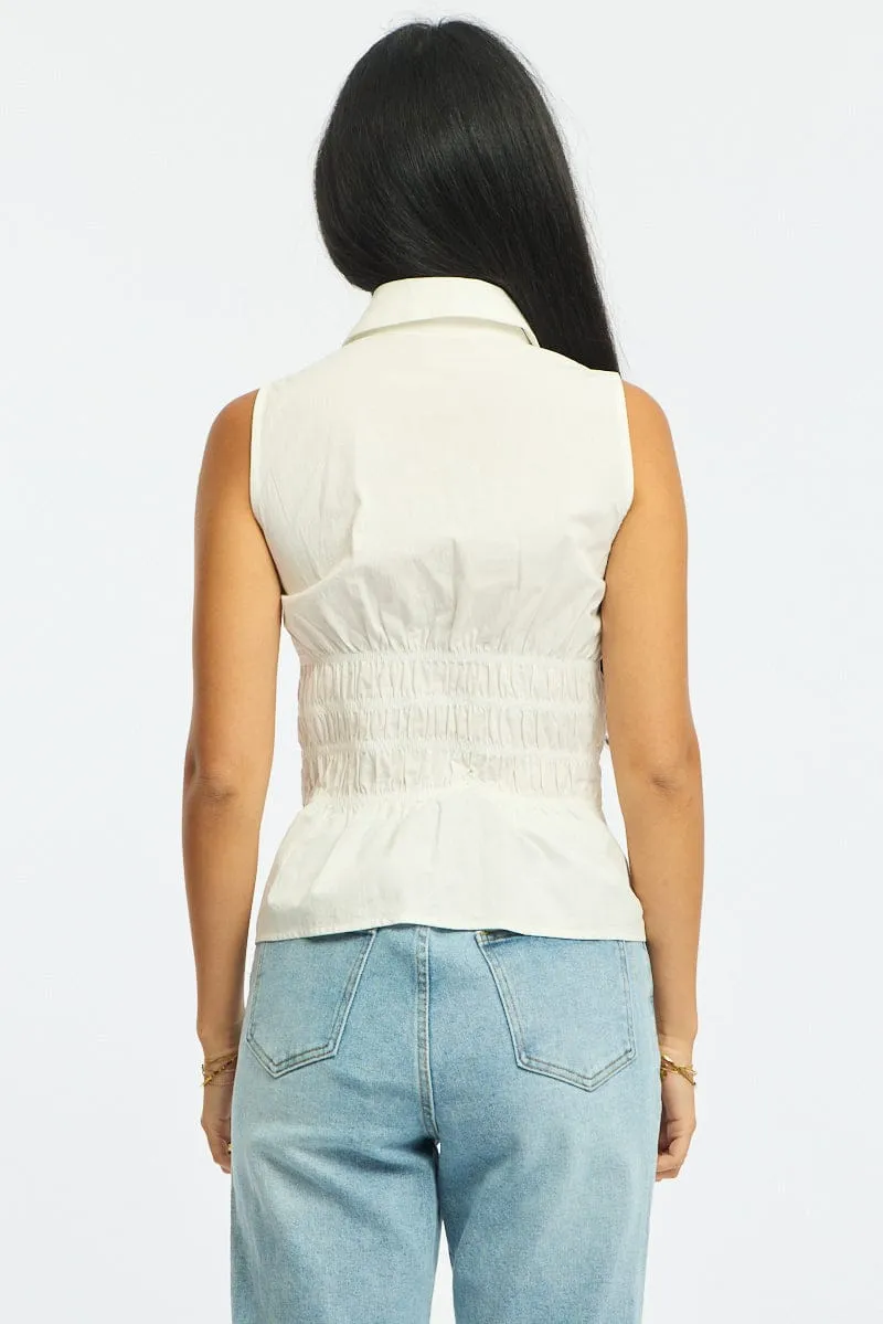 White Gathered Shirt Sleeveless Collared Button Up sold by Ally Fashion product image thumbnail 4