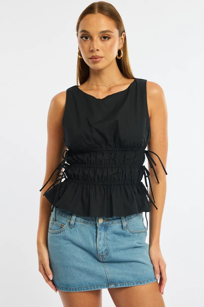 Black Ruched Top Sleeveless Boat Neck Bow Details sold by Ally Fashion
