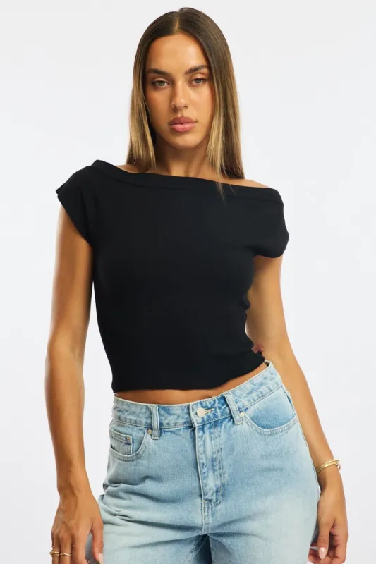 Black One Shoulder Knit Top sold by Ally Fashion
