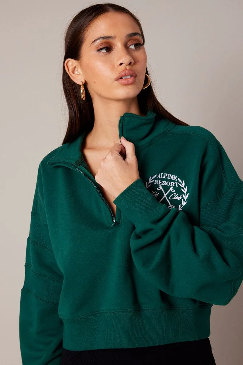 Green Zip Up Sweater Crop Long Sleeve High Neck sold by Ally Fashion product image thumbnail 3