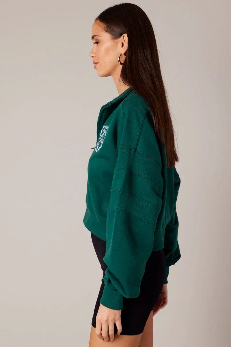 Green Zip Up Sweater Crop Long Sleeve High Neck sold by Ally Fashion product image thumbnail 4