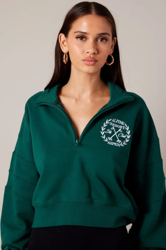 Green Zip Up Sweater Crop Long Sleeve High Neck sold by Ally Fashion