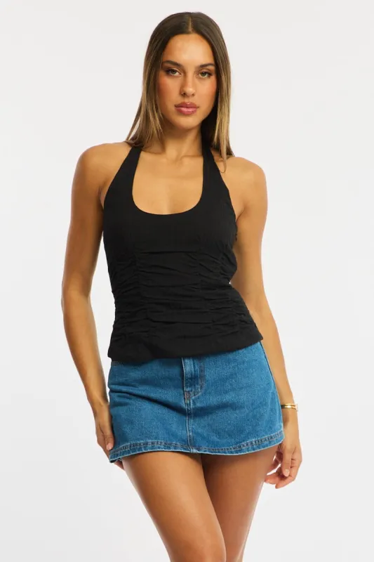 Black Halter Top Sleeveless Gathered Textured Cotton sold by Ally Fashion