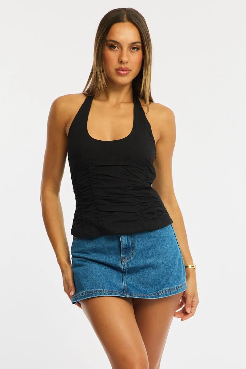 Black Halter Top Sleeveless Gathered Textured Cotton sold by Ally Fashion