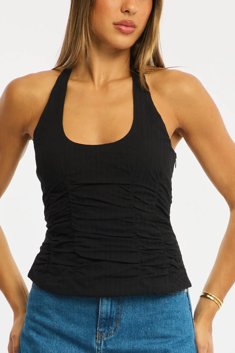 Black Halter Top Sleeveless Gathered Textured Cotton sold by Ally Fashion product image thumbnail 5