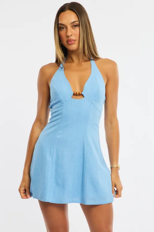 Blue Halter Neck Dress Beading Trim sold by Ally Fashion
