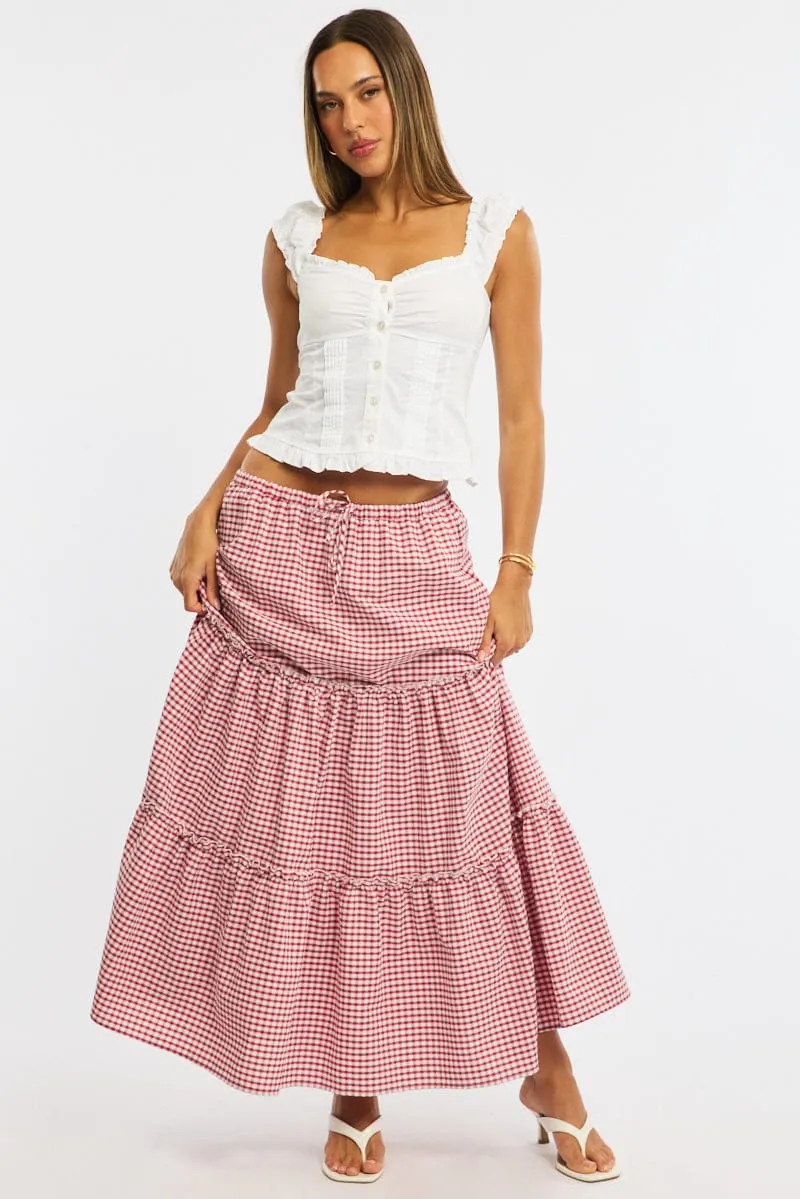 Red Check Tiered Maxi Skirt Elastic Waist Lined sold by Ally Fashion