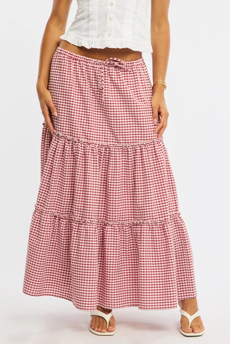 Red Check Tiered Maxi Skirt Elastic Waist Lined sold by Ally Fashion product image thumbnail 2