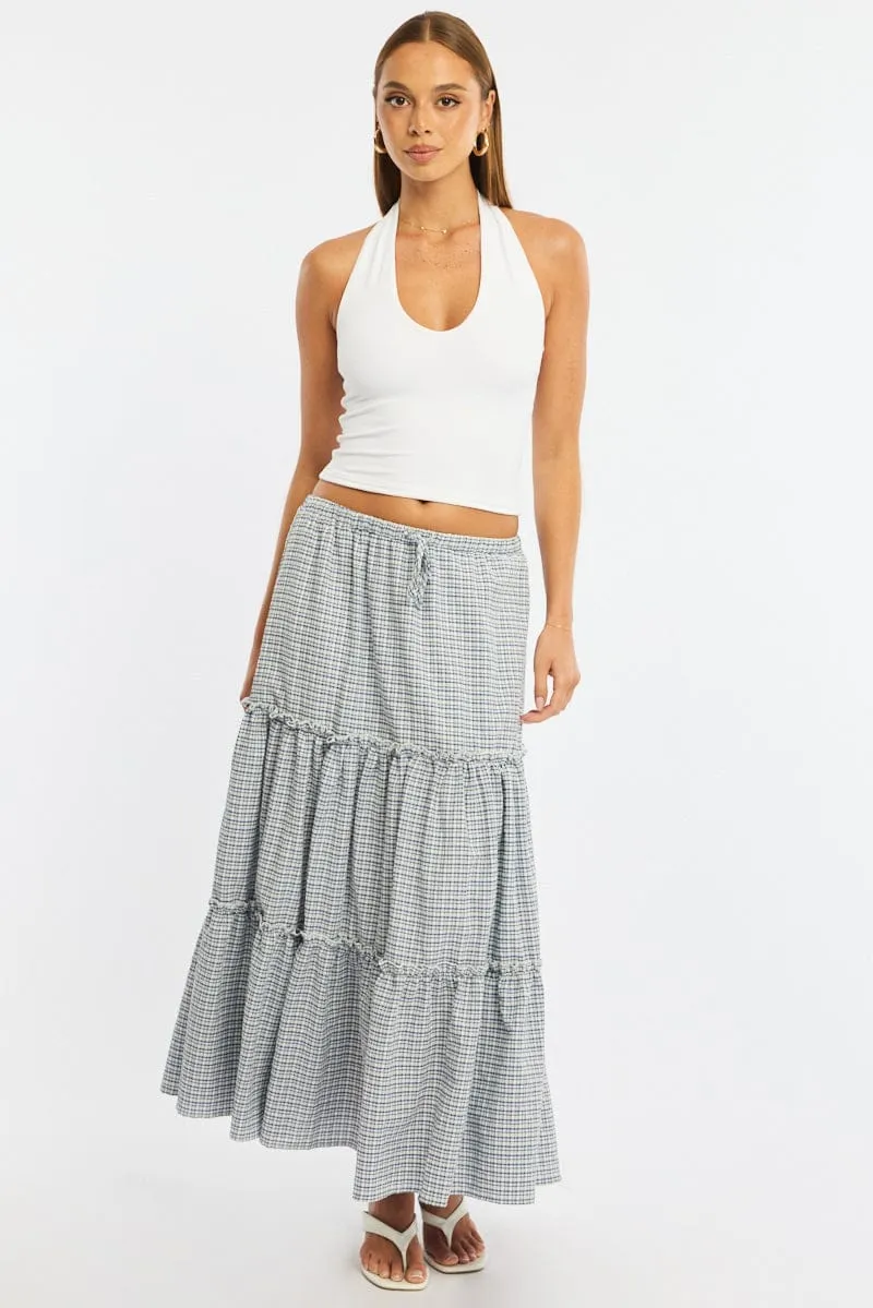Blue Check Tiered Maxi Skirt Elastic Waist Lined sold by Ally Fashion