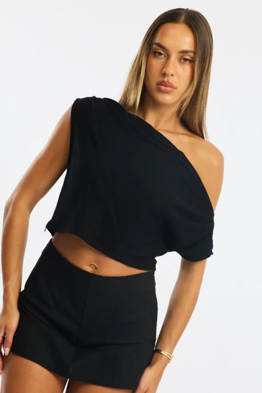 Black Off Shoulder Top Linen Blend sold by Ally Fashion