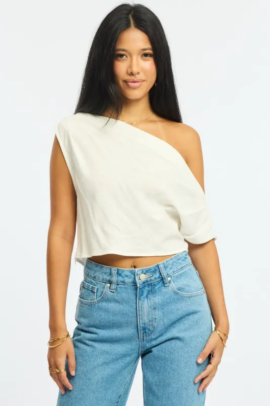 White Off Shoulder Top Linen Blend sold by Ally Fashion