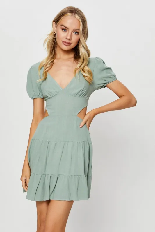 Green Mini Dress Cut Out Puff Sleeve sold by Ally Fashion