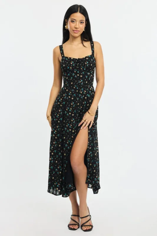 Black Ditsy Midi Dress Gathered Bust sold by Ally Fashion