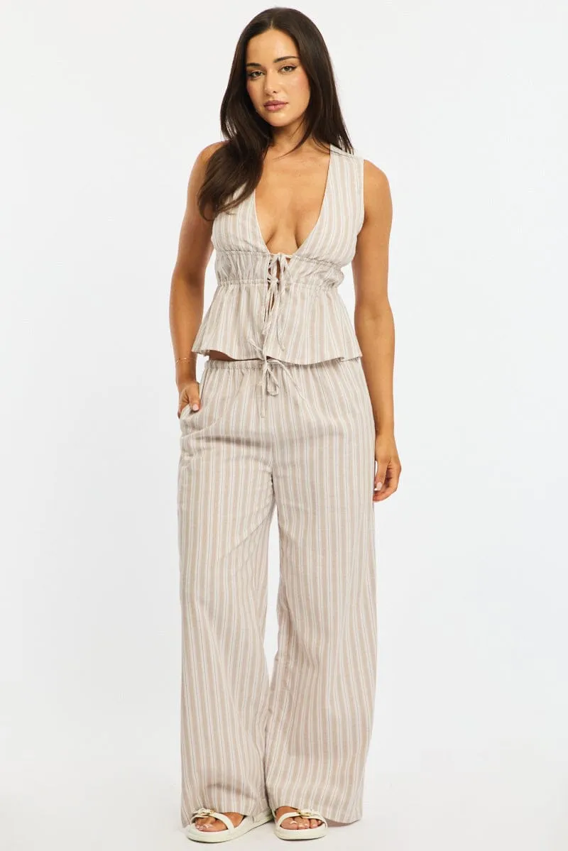 Beige Stripe Wide Leg Pants Elasticated Waist sold by Ally Fashion product image thumbnail 3