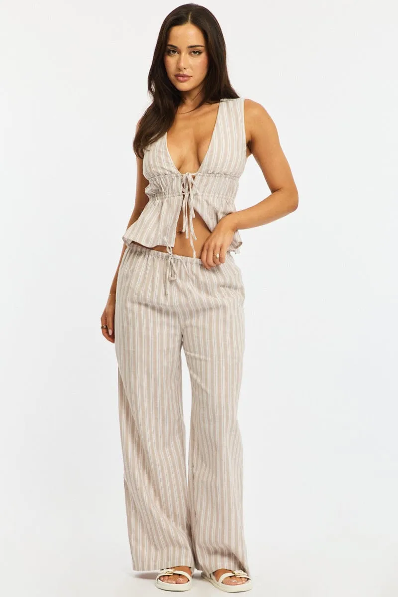 Beige Stripe Wide Leg Pants Elasticated Waist sold by Ally Fashion