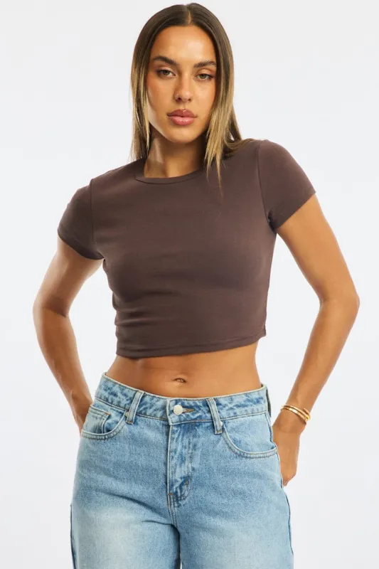 Brown Cropped T-shirt Short Sleeve Crew Neck sold by Ally Fashion