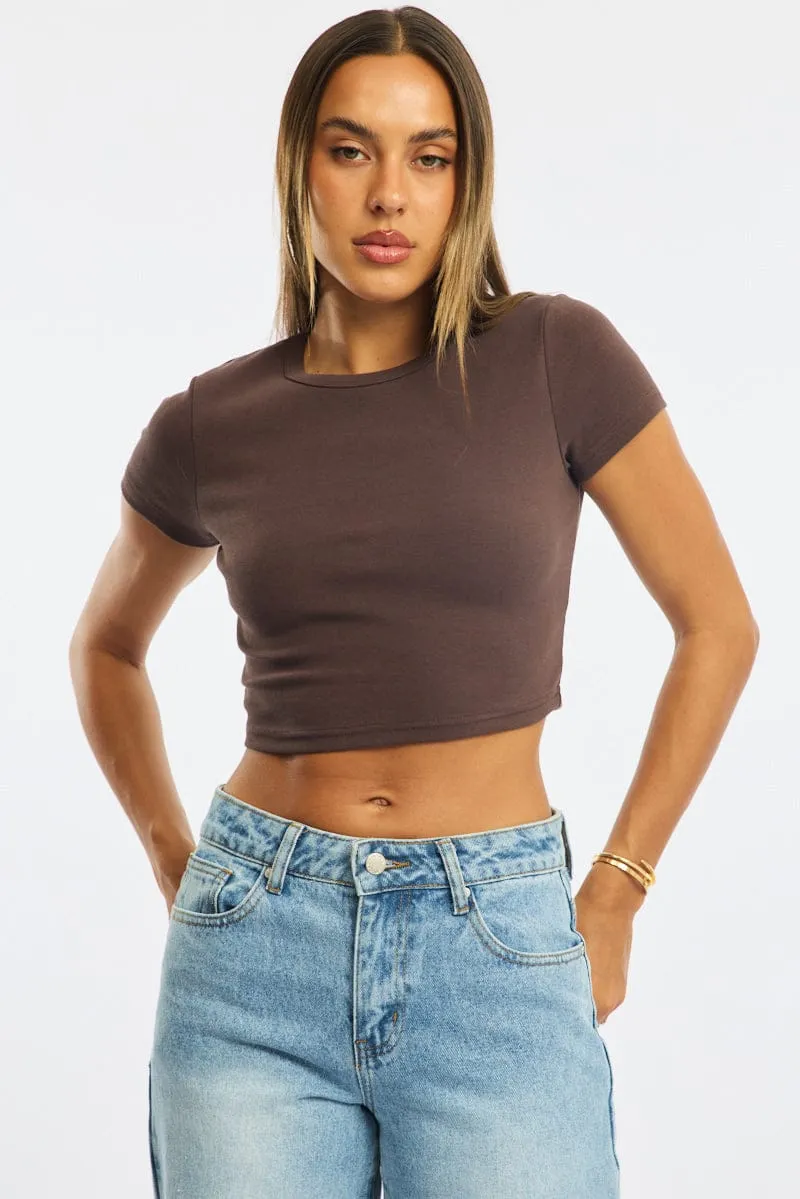 Brown Cropped T-shirt Short Sleeve Crew Neck sold by Ally Fashion