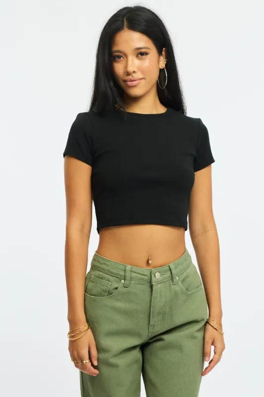 Black Cropped T-shirt Short Sleeve Crew Neck sold by Ally Fashion