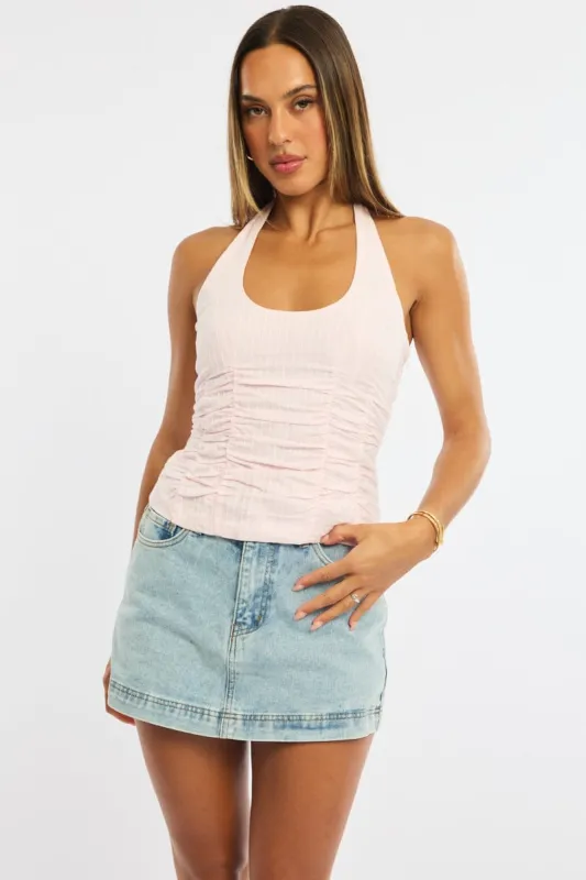 Pink Halter Top Sleeveless Gathered Textured Cotton sold by Ally Fashion