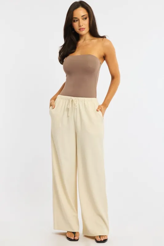 Beige Wide Leg Pants Elasticated Waist sold by Ally Fashion