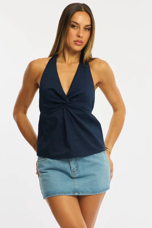 Blue Twist Halter Top Sleeveless Cotton Poplin sold by Ally Fashion