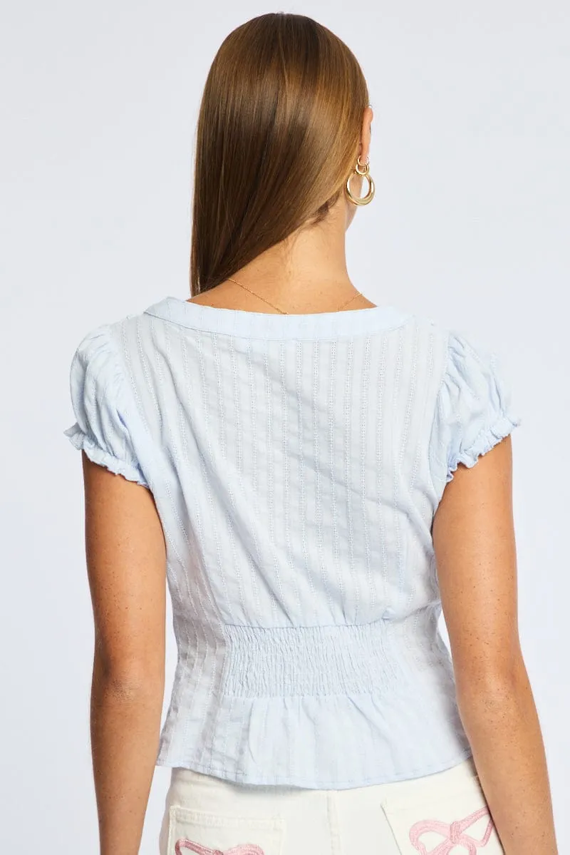 Blue Cap Sleeve Top V-neck Button Up Textured Cotton sold by Ally Fashion product image thumbnail 4