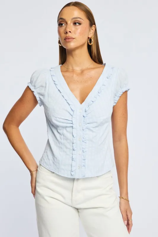 Blue Cap Sleeve Top V-neck Button Up Textured Cotton made by Ally Fashion