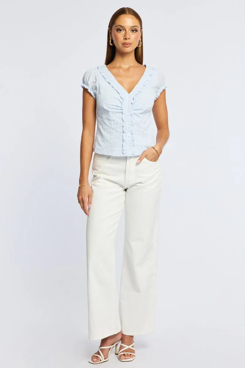 Blue Cap Sleeve Top V-neck Button Up Textured Cotton sold by Ally Fashion product image thumbnail 2