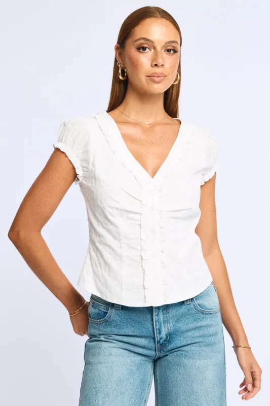 White Cap Sleeve Top V-neck Button Up Textured Cotton sold by Ally Fashion