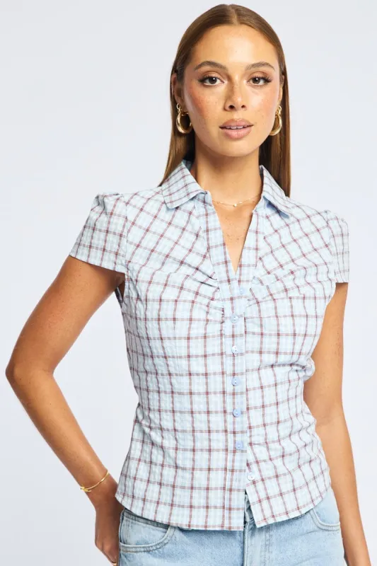 Blue Check Button Up Shirt Short Sleeve Collared Tie Back sold by Ally Fashion
